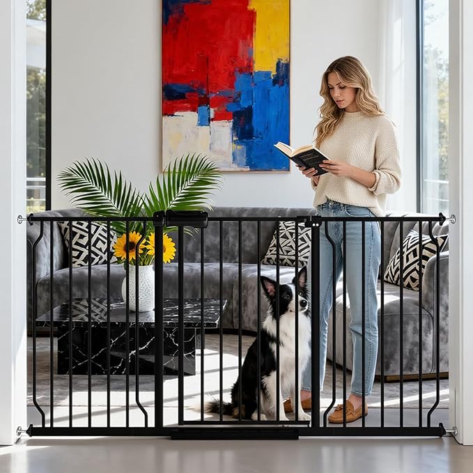 TSAYAWA Extra Wide Baby Gate with Door, 52.76~62.2 Inch Wide Presure Mounted No Drill Metal Auto Close Child Gate for Stair Doorway - Indoor Outdoor Safty Gate for Toddler Dog Doggie, Black