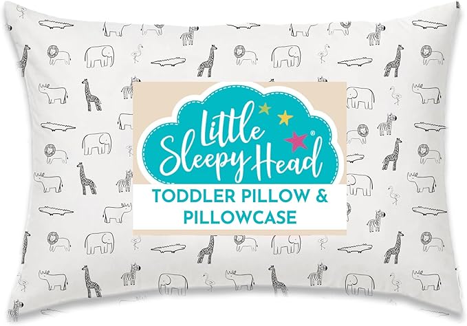 Little Sleepy Head Toddler Pillow with Pillowcase 13x18 - Kids Pillow for Sleeping - Better Neck Support Ergonomic Pillow and Toddler Pillowcase - Best Pillows for Kids (Animal Adventure)