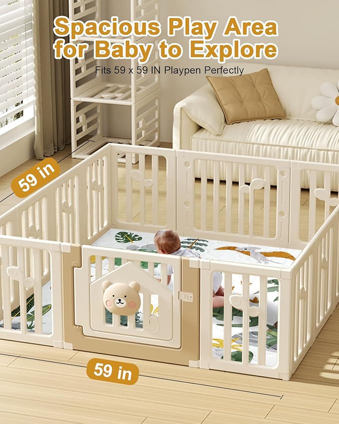 Premium Foam Baby Play Mat 59x59 – Removable & Machine Washable Cover, Extra Thick Padding Playpen Mat, Non-Slip Crawling Mat, Easy to Clean for Infants, Toddlers & Babies