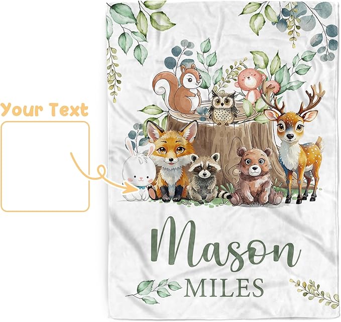Custom Baby Blanket with Name, Customized Blanket for Newborn Boys Girls, Forest Animals Flannel Double Layer Dotted Backing Receiving Swaddle, Cute Keepsake Gifts for New Parents(30"x40")