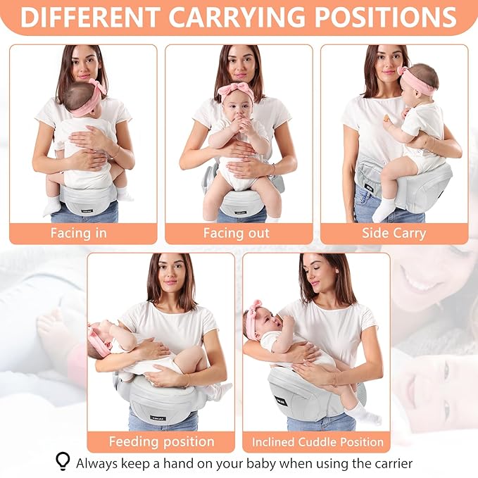 HKAI Baby Hip Carrier, Mom’s Choice Award Winner, Baby Carrier with Adjustable Waistband & Breathable Mesh, Ergonomic Carrier with Non-Slip Hip Seat Surface for Newborns & Toddlers, Light Grey
