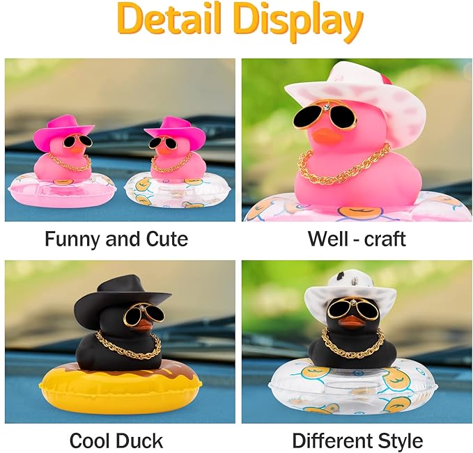wonuu 2Pcs Car Dashboard Decorations Color Ducks, Rubber Duck for Car Ornament Accessories with Mini Hat Sunglasses Necklace and Swim Ring, A_Black Duck+Black Cowboy&Black Spots Cowboy