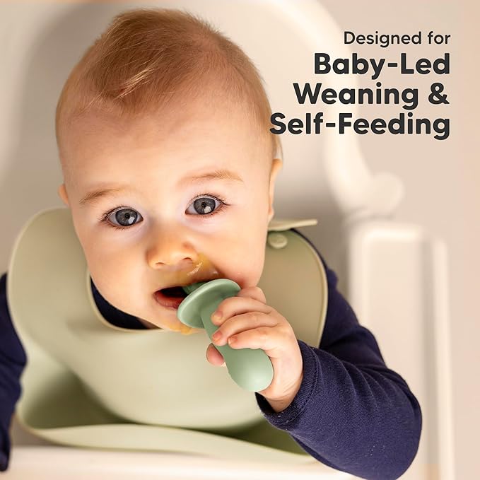 KeaBabies 4-Pack Silicone Baby Spoons and Forks Set - Baby Led Weaning Utensils 6-12 Months, Self Feeding Toddler Spoon & Fork for Training, Teething, Easy to Hold, BPA-Free Silicone (Sage)