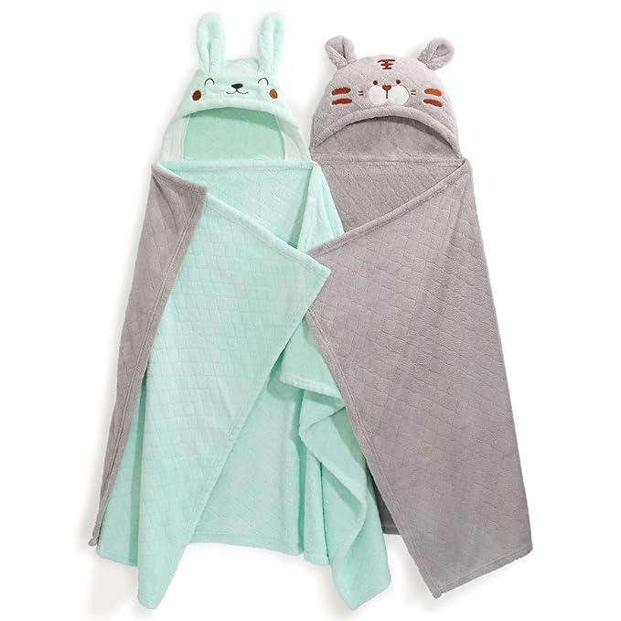 Toddler Towels with Hood, Toddler Bath Towel, 2 Pcs Coral Fleece Hooded Towel,Hooded Bath Towels with 1-3 Large Size 50 * 32 Inch Baby Towel Green&Grey Set