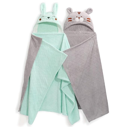 Toddler Towels with Hood, Toddler Bath Towel, 2 Pcs Coral Fleece Hooded Towel,Hooded Bath Towels with 1-3 Large Size 50 * 32 Inch Baby Towel Green&Grey Set