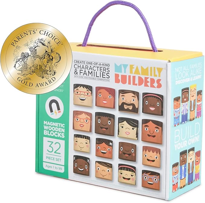 32-Piece Multiracial Magnetic Family Play Set – Wooden Diversity Building Blocks for Kids – Multicultural Puzzles & SEL Toy for Toddlers & Children