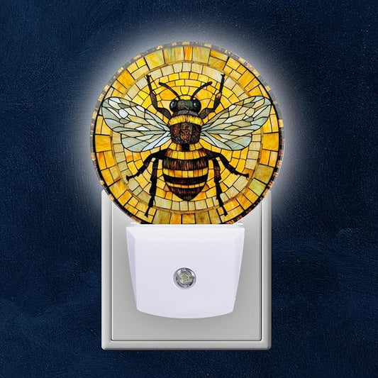 Round LED Night Lights Lamp with Dusk to Dawn Sensor, 3D Circular Stained Glass with Bumblebee Night Light Plug Into Wall for Kids Room, Bedroom, Bathroom, Kitchen, Hallway