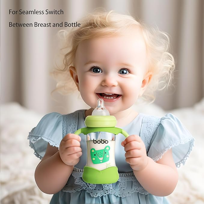 YOHKOH Natural Glass Baby Bottle with Natural Response Nipple, Wide Neck Baby Bottles with Handle, Newborn Anti-Colic Baby Bottles Gift Set, Clear (5.4oz (Pack of 2), Green)