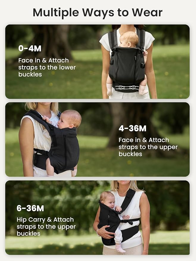 GROWNSY Baby Carrier, All Season Design with Adjustable Mesh Panel, Ergonomic Infant Carrier Wraps with Lower & Upper Buckle, Newborn to Toddler (7-44lbs), Baby Carriers, Hands-Free Parenting, Black