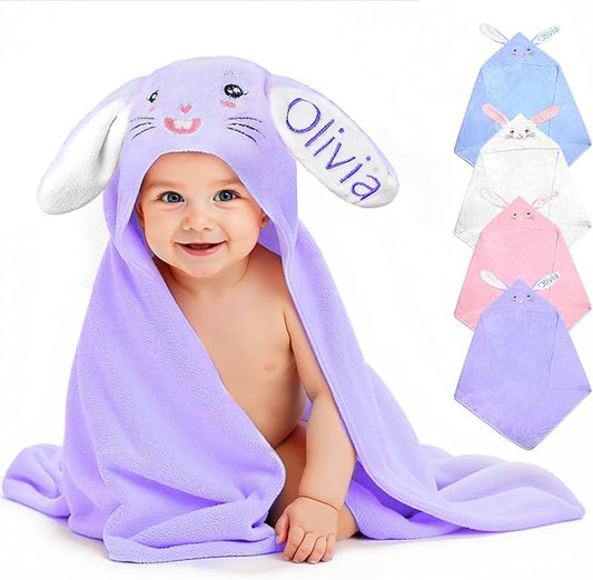 Custom Hooded Bath Towel with Name, Personalized Highly Absorbent Bunny Towels, Baby Bath Towels for Girls Boys, Easter Brithday Shower Gifts for Baby, Toddler, Newborn (Purple)