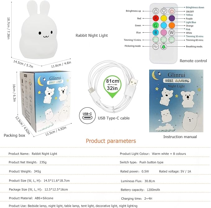 Large Rabbit Night Lights for Kids in Silicone, 9 Colors Baby Bedroom Lighting Children Bedside Table Lamps for Toddlers/Boys/Girls/Adults/Bedroom/Student/Elder/Bathroom/Outdoor - Large