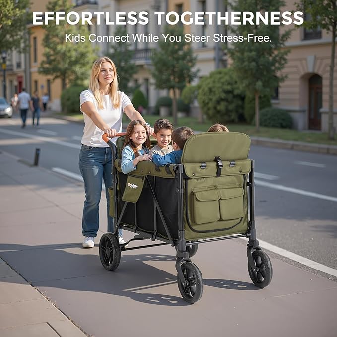 Elite 4-Seater Wagon Stroller for 2-4 Kids, One-Hand Fold, High Seats with 5 Point Harness, Adjustable Handle & Canopy, Green