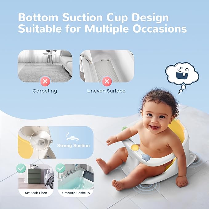 Coldew Baby Bath Seat for Babies 6 Months & Up, Non-Slip Toddler Bath Seat for Baby Sitting Up, Safe Baby Bath tub Seat with Suction Cups, Soft Cushion, Baby Bath Chair Yellow