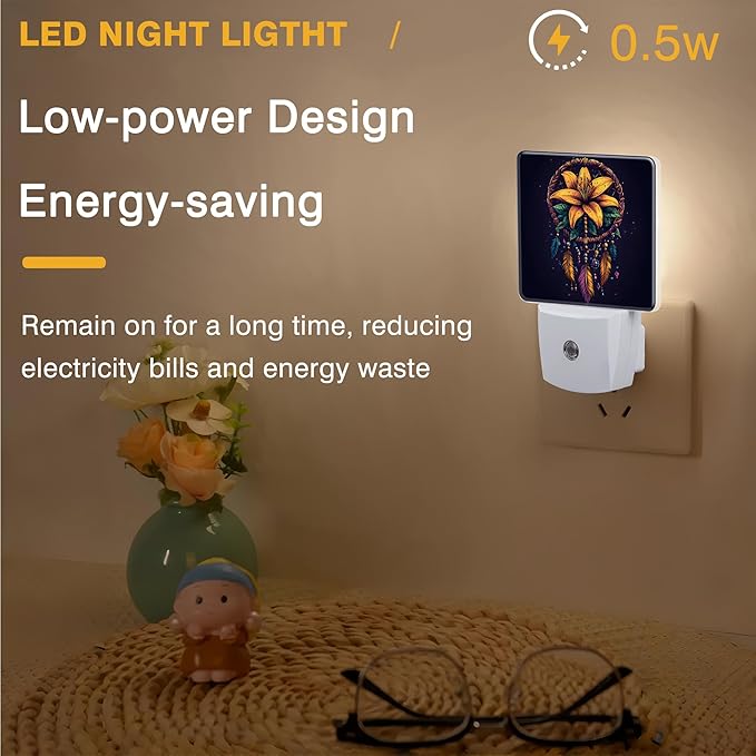 Dream Catcher Flowers Night Light, Colorful Feathers Plug-in Nightlight with Dusk to Dawn Auto Sensor for Home Bedroom Hallway Kitchen 0.5W Sleep Friendly Led Lamp for Women Men