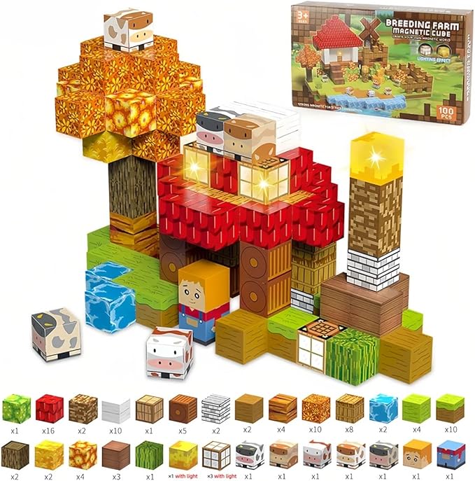 100 Pcs Magnetic Building Blocks, Enhance STEM Learning, Creative Play & Logical Thinking, Durable & Vibrant Color with Light Up Blocks, Ideal for Classroom & Screen-Free Entertainment (Farm)