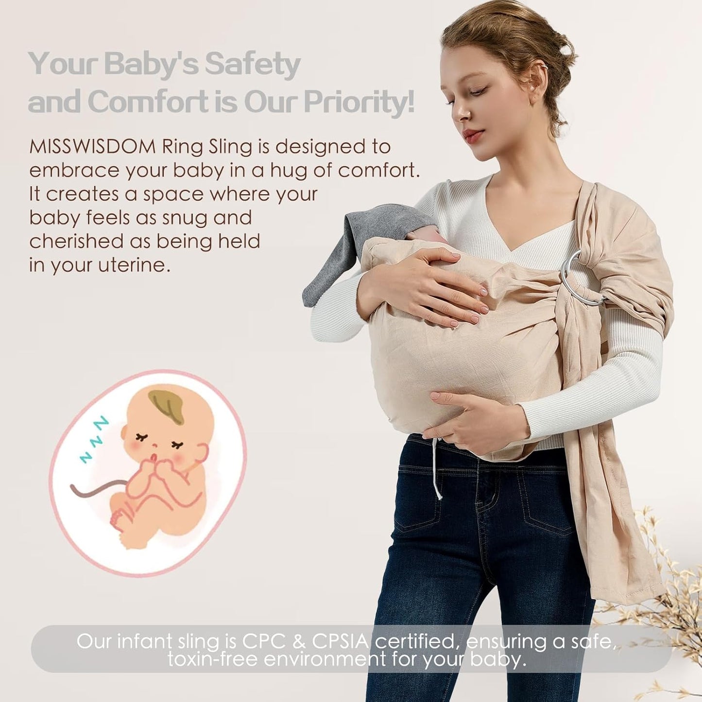 Baby Wrap Ring Sling 7-35 lbs, Baby Sling Carrier for Newborn, Toddler, Infant Holder, Lightweight Baby Carrier Wraps, Cream