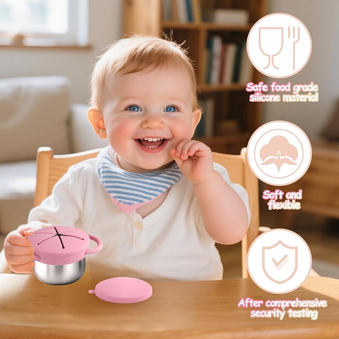 Mity rain 2-Pack Stainless Steel Snack Containers for Toddlers with Spill-Proof Silicone Lids & Handles - 3-in-1 Baby Snack Cups, No-Spill Toddler Snack Box, Perfect for On-the-Go Healthy Eating