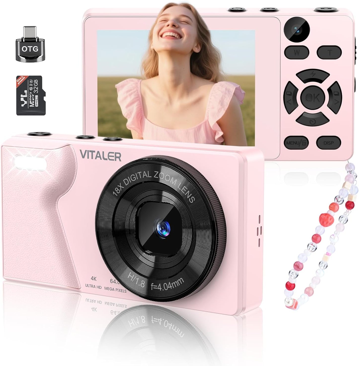 Digital Camera with Front Rear Lens, Autofocus 64MP 4K Camera for Photography with 32GB Card, Portable Compact Point and Shoot Camera for Teens Adult Beginner with Metal Shell, 2000mAh Battery