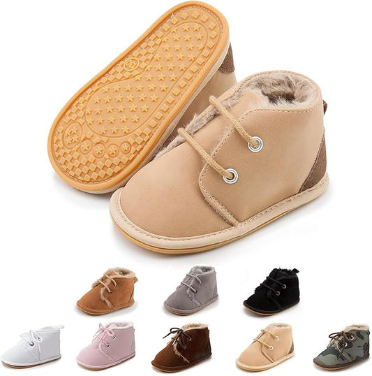 Baby Unisex Warm Snow Boots Newborn Leather Fur Lace Up Ankle Anti-Slip Rubber Texture Sole Toddler Prewalker Winter Crib Shoes