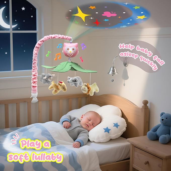 Baby Crib Mobile with Music and Lights for Boys Musical Mobile Animals for Crib Bassinet Girls Toys Hanging Portable Safari Nursery Decor Pink