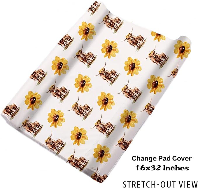 Personalized Nursery Crib Bedding Set: Custom Name Yellow Floral 5 Piece Baby Crib Sets with Highland Cattle Design - Toddler Double Layer Blanket Set, Comfortable Crib Bed Sheets for Baby Grils