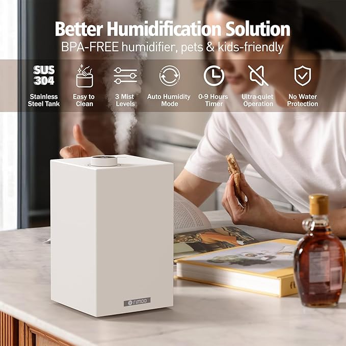 Stainless Steel Humidifier, Cool Mist Humidifiers with Only 3 Parts Easy to Clean, Top Fill Humidifier with 1-9H Timer, 30dB Whisper-Quiet, Filterless for Bedroom Large Baby Room Office