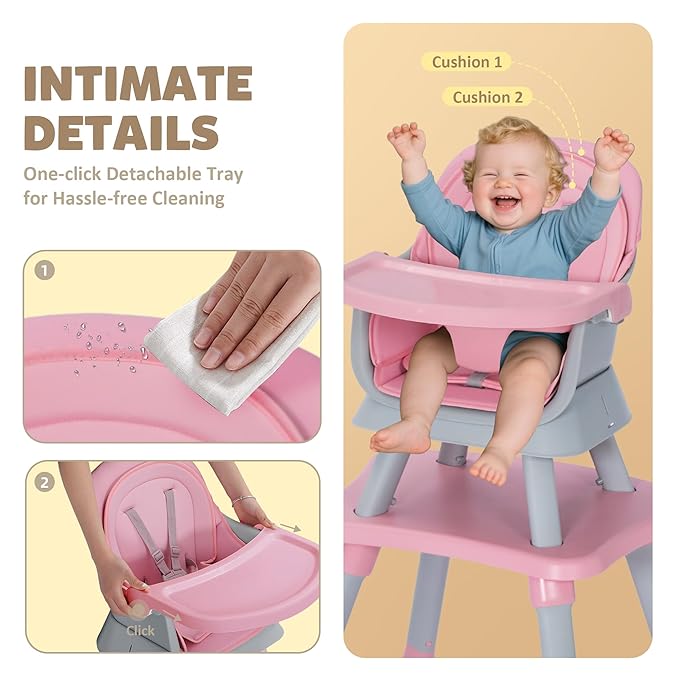 Baby High Chair, 8 in 1 Convertible Highchairs for Babies and Toddlers, Children Dining Booster Seat/Kids Building Block Table for Girls Boys, Baby Seat with Removable Tray, Pink