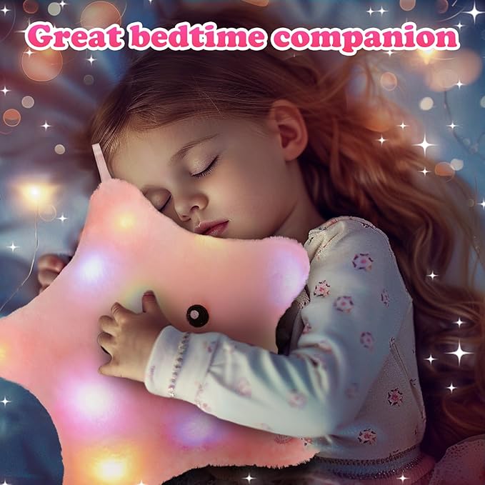 WEWILL 9'' LED Twinkle Star Soft Plush Pillow Toys Glowing Stuffed Star Light up Pillow Plush with Colorful Night Lights Birthday for Toddler Kids(Pink)