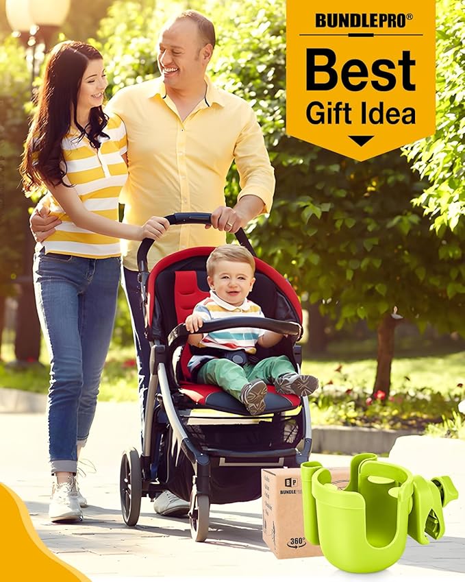 Universal Stroller Cup Holder with Mobile Phone Case, 2-in-1 Strollers Storage Rack, 360 Degrees Rotation Drink Holder for Bike, Pushchair, Wheelchair, Walker,Bicycle, Fits Most Cups (Green)