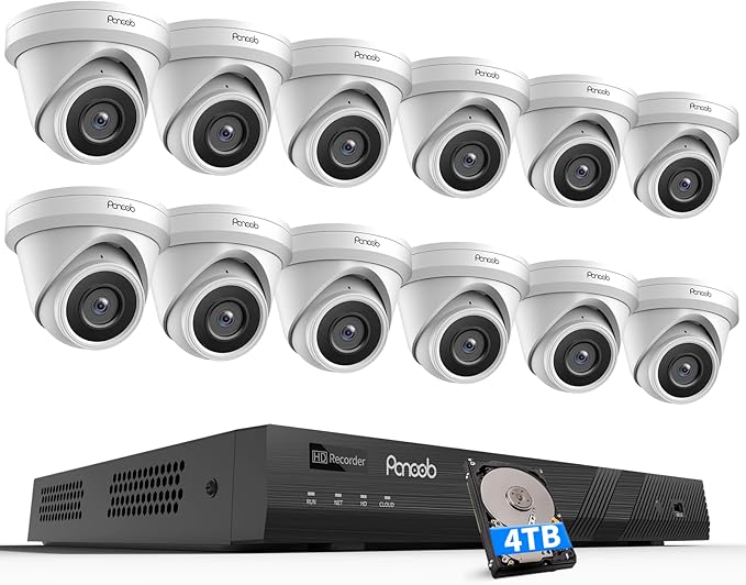 16 Channel Security Camera System, 12x 5MP Wired IP Turret Dome PoE Camera Outdoor, AI Human Detection, Built-in Mic, Remote Access, 4K 16 Channel NVR 4TB HDD for 24-7 Recording, PD93A1216-5M