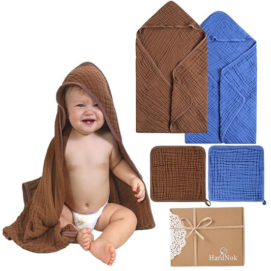 4-Piece Muslin Bath Towel Set - Perfect for New Moms, 32x32 Inch, 6-Layer Ultra-Soft Cotton, Ideal for Infants (Coffee & Blue)