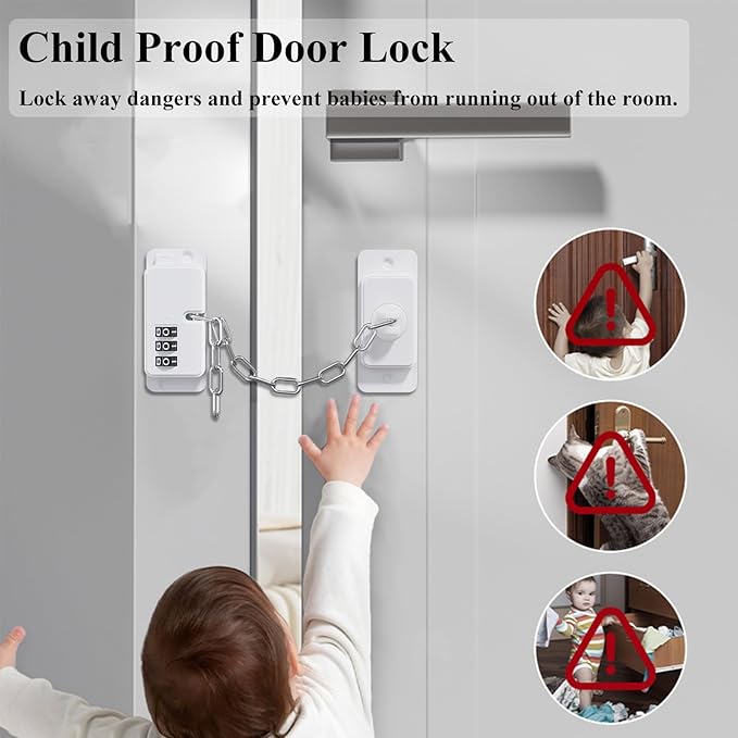 Child Proof Door Lock (2 Pack), Door Locks for Kids safety & Window Locks, for Fridge Lock, Cabinet Locks, Cat Door Latch and Baby Proofing, Strong non-marking Adhesive No Drilling (White)