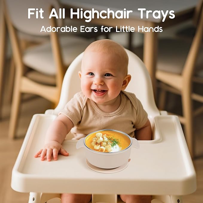 Bella's Friends Stainless Steel and Silicone Baby Bowls with Suction 3 Pack, 4.3” for Toddlers Kids Feeding, Non-Slip, Non-Toxic, Mess-Free, Dishwasher Safe, Fit High Chair Size, light pink blue gray