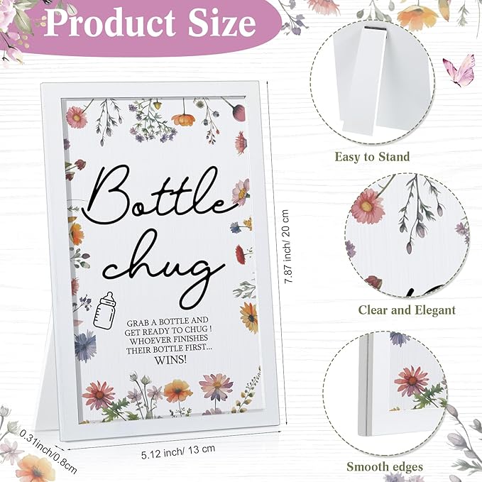 Roowest Bottle Chug Baby Shower Game Favors Including Wideflower Theme Wooden Sign and 18 Pcs Baby Bottles for Gender Reveal Party Supplies