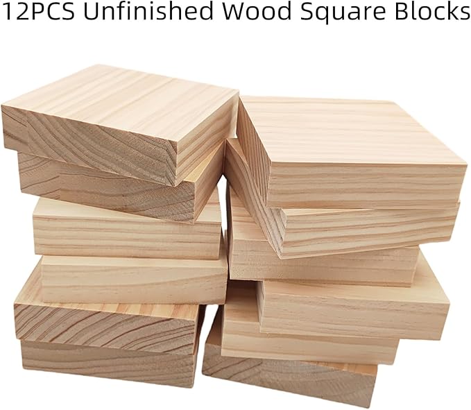 12PCS Unfinished Wood Square Blocks for Crafts, 4x4x1in Blank Wooden Squares Pine Wood Boards for Wood Carving,DIY Wood Coasters,Painting & Burning