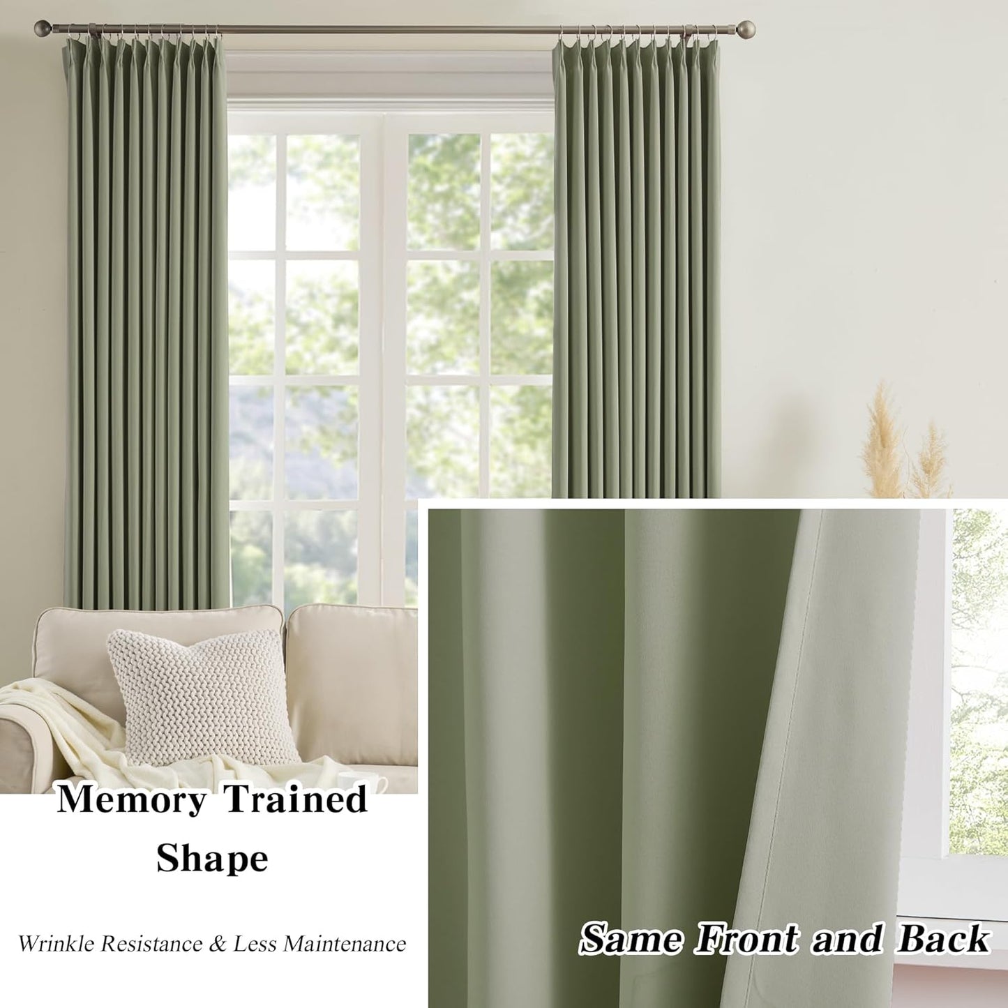 KEQIAOSUOCAI Pinch Pleated Curtains 120 Inches Long 10 FT Length, Luxury Blackout Bedroom Curtain Thermal Insulated Window Treatment Panels for Living Room(40x120,Sage Green,2 PCs)