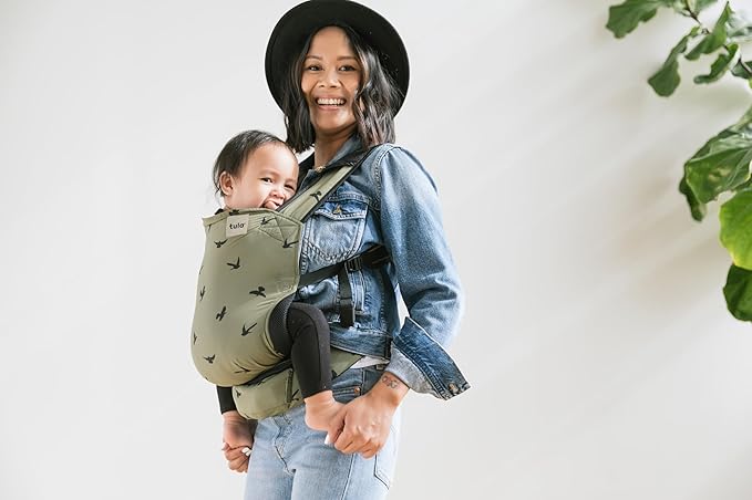 Baby Tula Lite Ripstop Nylon Compact Baby Carrier, Lightweight & Ergonomic Carrier for Travel w/Convenient Storage Hip Pouch, Multiple Carrying Positions for 12lbs to 30lbs - Soar (Olive Green/Birds)