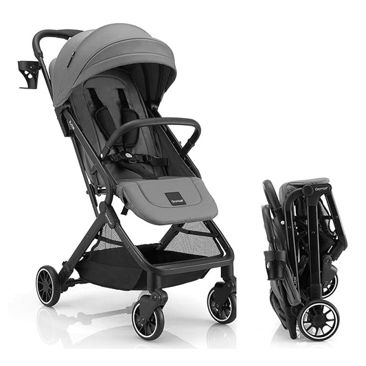 Compact Fold Baby Stroller, Lightweight Travel Toddler Stroller with One-Click Fold, Extendable UPF50+ Canopy, Cup Holder, UV Protected and Waterproof, One-Hand Folding - Gray