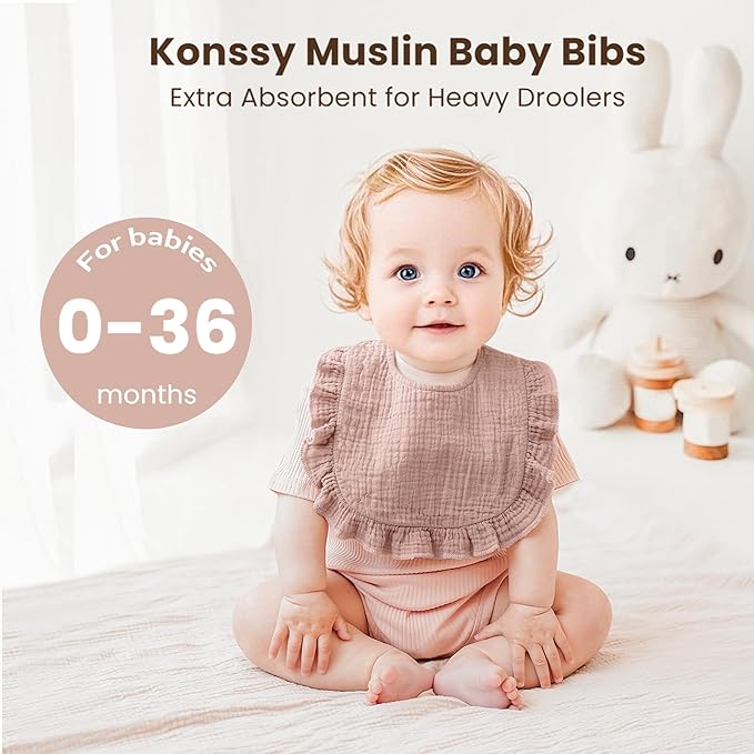 Konssy Muslin Baby Bibs for Girls – Soft 100% Cotton Drool Bibs, Ruffle Trim for Newborns & Toddlers 0-36 Months 3-Pack