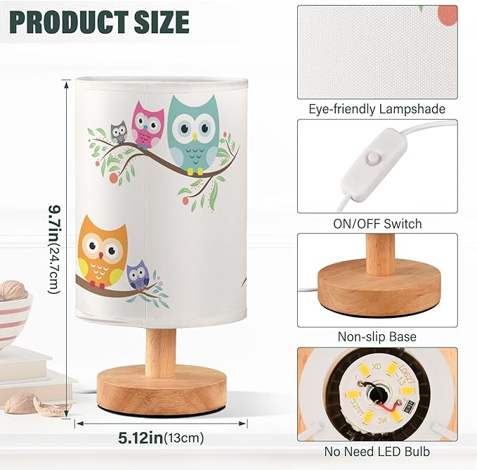 Table Lamp Cute Cartoon Owl with Baby Child on Tree Branch Nightstand Lamp with Wood Base Fabric Lamp Shade Bedside Desk Lamp for Living Room Bedroom Kids Room Office