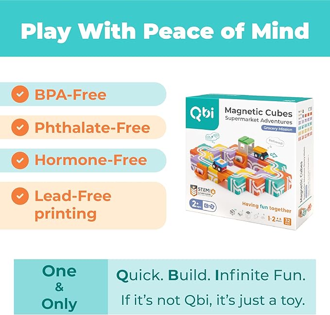QBI Magnetic Blocks for Toddlers Ages 2-4｜STEM Magnetic Building Blocks with Trucks & Fruit Tiles｜Montessori Magnet Building Cubes for Kids｜Educational Gifts for Boys & Girls Ages 2+ (32PCS)