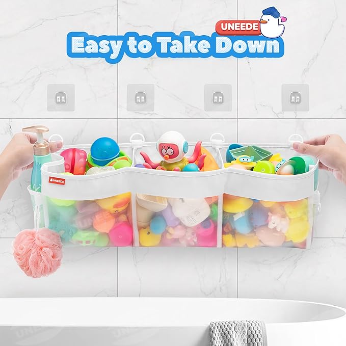 UNEEDE 3 Compartment Horizontal Bath Toy Organizer for Tub,Extra Large Capacity 4.95 Gallons Bath Toy Storage Holder,Mesh Quick Dry Bathtub Storage and Organizer,Easy Access Baby Bathtub Holder