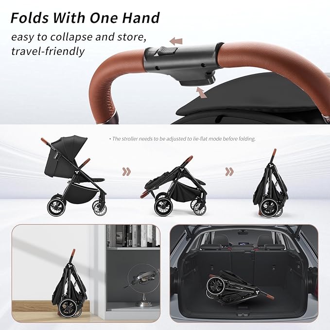 Tinyiota Baby Stroller for Kids,Toddler Stroller with Large UPF 50+ Canopy,Luxury Strollers with Leather Handle & Spacious Seat, One-Hand Foldable Pushchair,Baby Carriage with Lie-Flat Mode(Black)