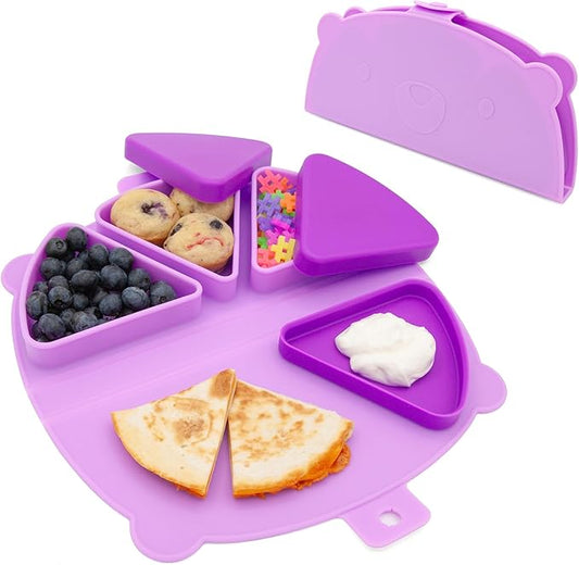 Silicone On-The-Go Snack Mat – Foldable Reusable Placemat with 3 Compartments and Lids – Travel-Friendly Baby and Toddler Snack Plate – Dishwasher Safe (Plum)
