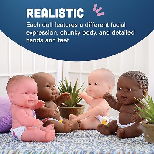Constructive Playthings 10 Inch Huggable Multi-Cultural Baby Dolls, Multi-Ethnic Social Emotional Learning Toys for Kids, Set of 4