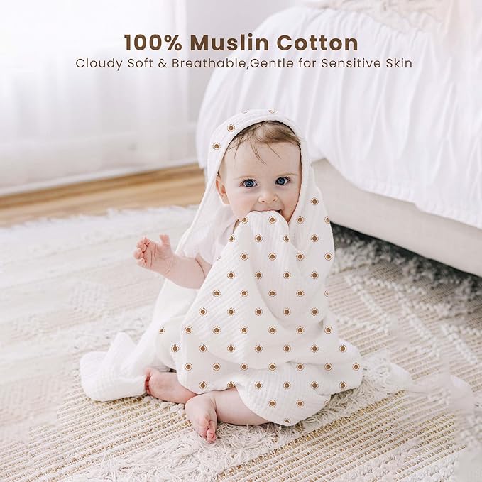 Konssy 2-Pack Muslin Hooded Baby Towels, 100% Cotton, Ultra-Soft & Absorbent Baby Bath Towels with Hood for Newborn & Infant (Camel, Sun,32" x 32")