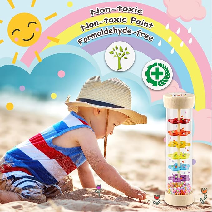 LOOIKOOS Rainmaker - 7 inch Wooden Rain Stick Montessori Toys for Babies 6-12 Months,Baby Rattle Shaker Sensory Developmental Toy,Raindrops Musical Instrument Baby Musical Toys for Baby 6 7 8 9