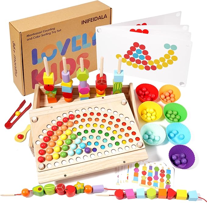 Toddler Learning Montessori Toys for 3 4 5 6 Year Old,Rainbow Stacking & Lacing Beads & Matching Shape Stacker - Wooden Peg Board Beads Sequencing Toy Set - Fine Motor Skills Toys