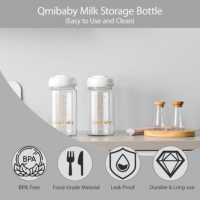 Glass Breastmilk Storage Bottles 180ml 6oz BPA-Free Leak-Proof Natural Baby Bottle for Breastmilk Storage Wide Neck Bottles with Screw Ring Sealing Disk Breastfeeding (Grey, 180ml-2Packs)