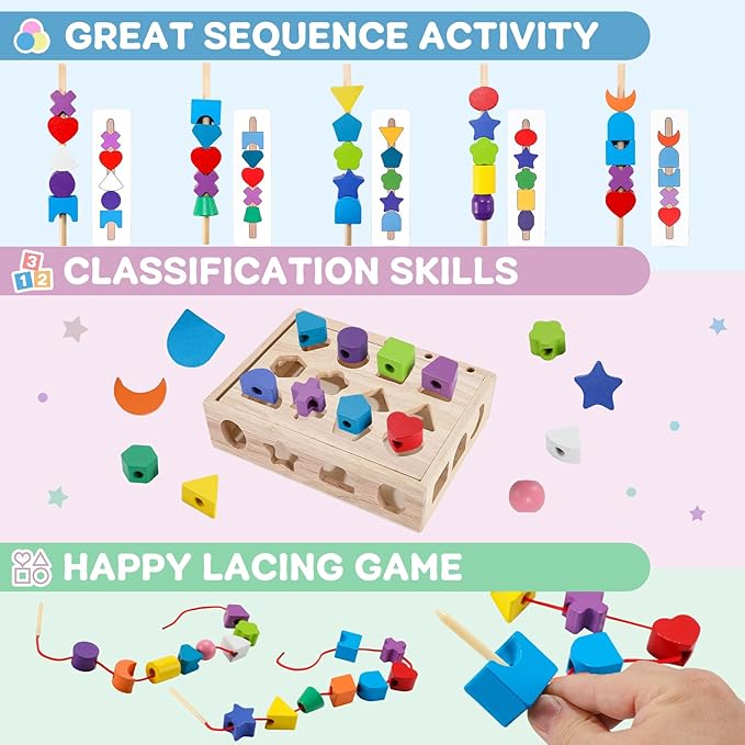 3 in 1 Montessori Wooden Beads Sequencing Toy Set Color Sorting Stacking Geometric Shape Matching Game Beads Sequencing Toy Lacing Beads Stem Fine Motor Skills for Toddlers